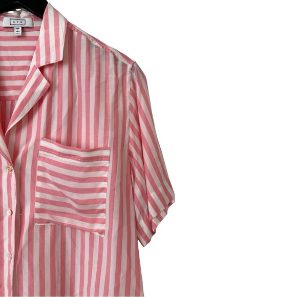AYR Medium Pool Boy Shirt Pink Stripe Silk-Blend Short Sleeve Button Down Casual - Picture 3 of 7